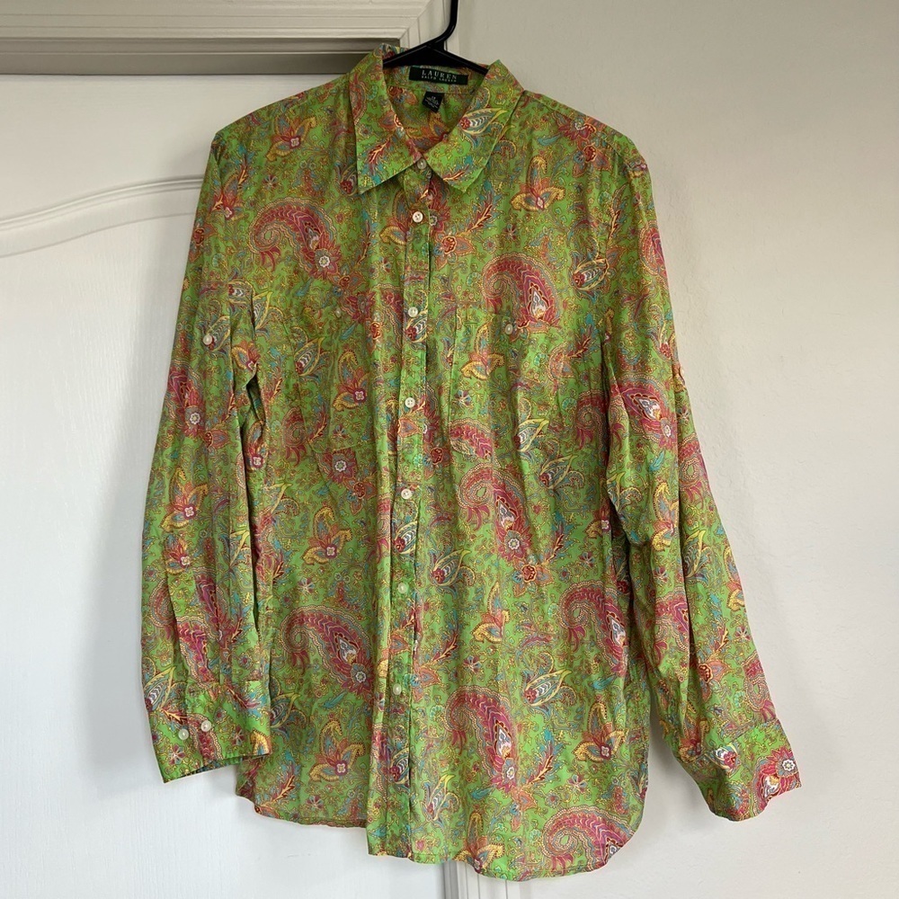 Lauren Ralph Lauren Green Pink Paisley Cotton Button Up Shirt size 1X 💚🌸